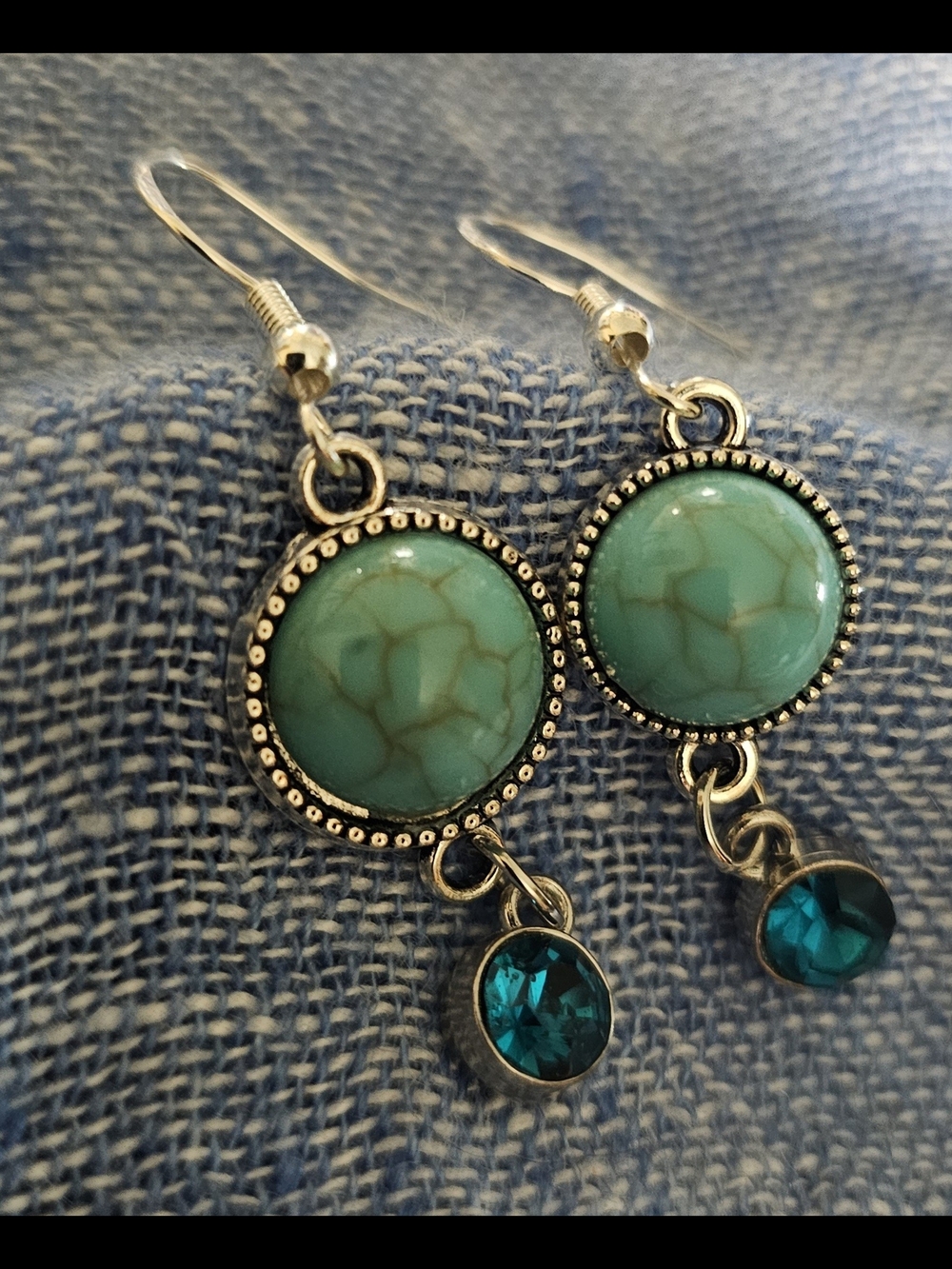 Hand Made Turquoise Drop Earrings with Teal Crystal Accent Sterling Backs